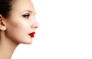 Obraz na płótnie Canvas Beautiful fashion woman model face portrait with red lipstick. G