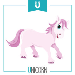 Vector Illustration Of Alphabet Letter U And Unicorn