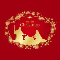 The first Christmas r sign with Gold Nightly christmas scenery mary and joseph in a manger with baby Jesus and Meteor in snow frame on red background vector design