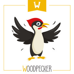 Vector Illustration Of Alphabet Letter W And Woodpecker