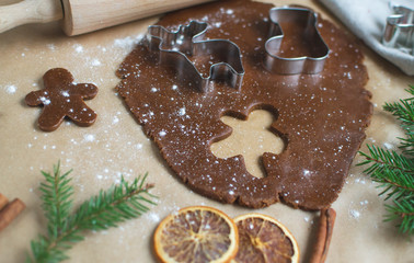 Christmas Cookies Preparation, Dough,  New Year Concept, Background, Food, Rolling Pin Metal Form Star Gingerbread Man Toned Retro