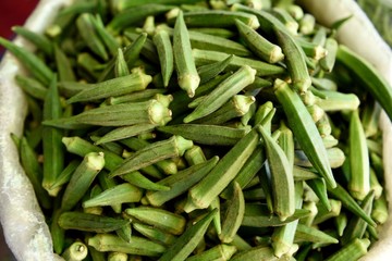 Basket of fresh harvested okra, or ladies fingers in a local farmers produce market in Jaipur, Rajasthan, India. 