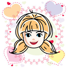 Cute girls face, human head. Vector blonde character, smiling girl face features.