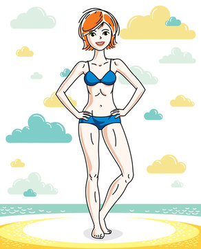 Attractive young redhead woman standing on tropical beach and wearing blue bathing suit. Vector human illustration. Summer vacation theme.