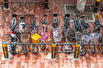a lot of bike at bicycle parking in town