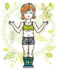Cute happy little red-haired girl posing on background of spring landscape and wearing fashionable casual clothes. Vector character.