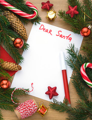 Christmas New Year festive frame with holiday decoration. Concept Letter to "Dear Santa" Copy space. Top view