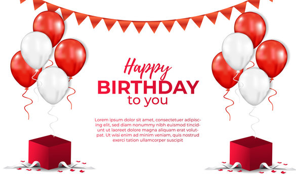 Happy birthday banner invitation template with red and white flying helium balloon and open red box. vector illustration