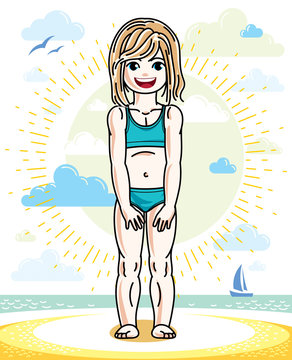 Little blonde girl toddler standing on sunny beach and wearing swimming suit. Vector kid illustration. Summer holidays theme.