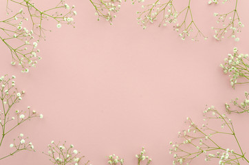Top view. Flat lay frame made of flowers on pink background with copy space for lettering.