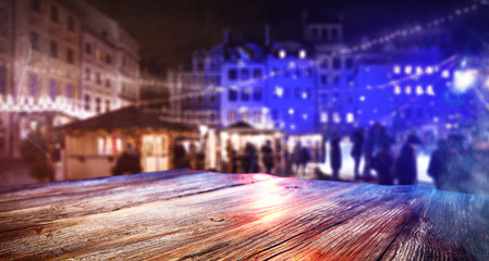 Table background of free space and christmas market 