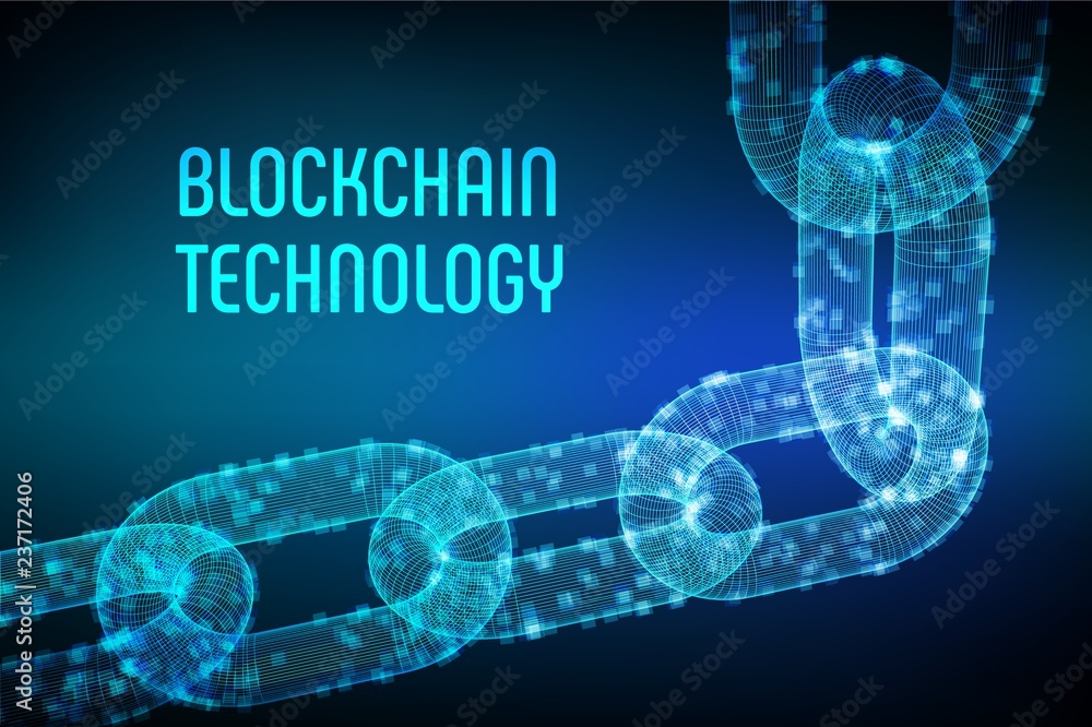 Poster block chain. crypto currency. blockchain concept. 3d wireframe chain with digital blocks. editable c