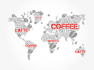 Coffee drinks word cloud in World Map, concept background