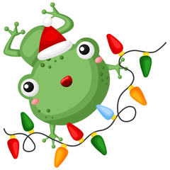 A vector of cute little frog holding a colorful christmas lights 