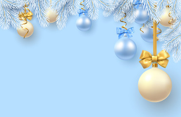 Fototapeta na wymiar Blue Christmas and New Year poster with fir branches and Christmas balls.