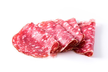 Fototapeta premium fresh salami sausage slices isolated on white background