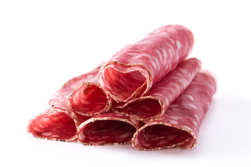 fresh salami sausage slices isolated on white background