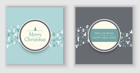 Merry Christmas and Happy New Year cards with holiday pattern.