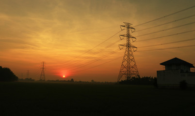 Fototapeta na wymiar Wire electrical energy at sunset 
