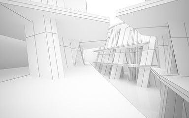 Abstract white interior highlights future. Polygon drawing. Architectural background. 3D illustration and rendering