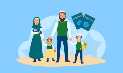 Fototapeta premium Happy refugee family concept banner. Flat illustration of happy refugee family vector concept banner for web design