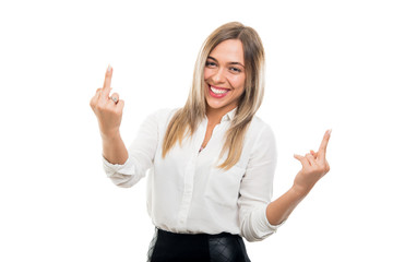 Portrait of beautiful business woman showing double middle finger