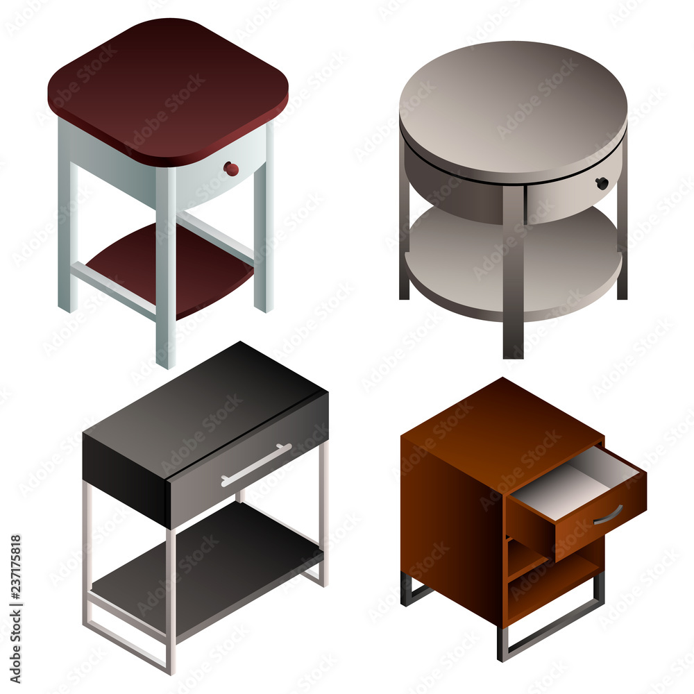 Poster bedside table icon set. isometric set of bedside table vector icons for web design isolated on white