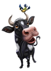 black cow with white spots isolated on white, fisheye effect