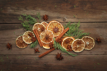 Christmas composition in rustic style on a wooden table. Top view.