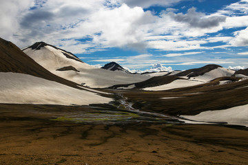 Travel to Iceland (northern Europe). Walk through the Landmannalaugar nature reserve, mountains,...