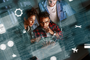 Young multinational code developers, team work of new navigation project