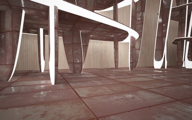 Empty smooth abstract room interior of sheets rusted metal and wood. Architectural background. Night view of the illuminated. 3D illustration and rendering