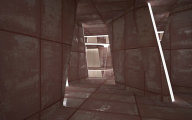 Empty smooth abstract room interior of sheets rusted metal and wood. Architectural background. Night view of the illuminated. 3D illustration and rendering