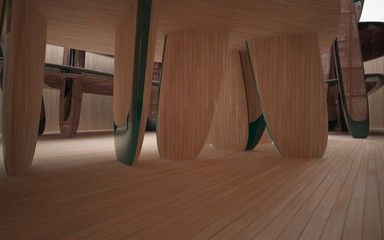 Empty smooth abstract room interior of wood and sheets rusted metal with glass green surface. Architectural background. 3D illustration and rendering