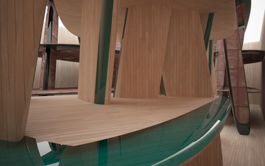 Empty smooth abstract room interior of wood and sheets rusted metal with glass green surface. Architectural background. 3D illustration and rendering