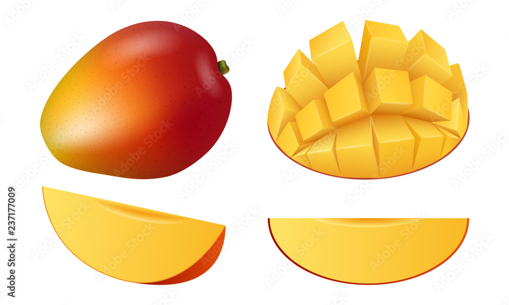 Aufkleber mango fruit icon set. realistic set of mango fruit vector icons for web design