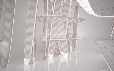 Abstract white interior highlights future. Polygon red drawing. Architectural background. 3D illustration and rendering