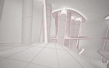 Abstract white interior highlights future. Polygon red drawing. Architectural background. 3D illustration and rendering