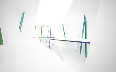 abstract architectural interior with white sculpture and geometric glass lines. 3D illustration and rendering