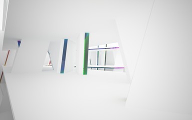 abstract architectural interior with white sculpture and geometric glass lines. 3D illustration and rendering