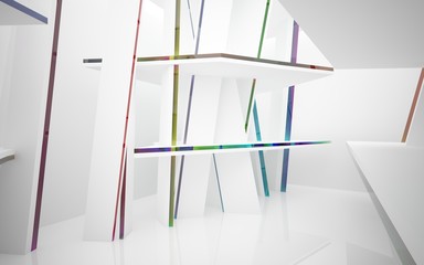 abstract architectural interior with white sculpture and geometric glass lines. 3D illustration and rendering