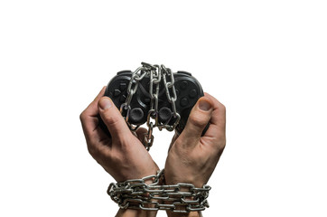 Addicted gaming player's hands with joystick chained in chains isolated on white background