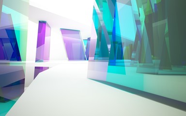 abstract architectural interior with geometric glass sculpture and  white lines. 3D illustration and rendering