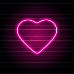 Neon heart. Bright night neon signboard on brick wall background with backlight. Retro pink neon heart sign. Design element for Happy Valentines Day. Night light advertising. Vector illustration