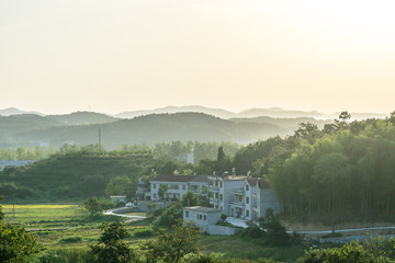 Fototapeta na wymiar panorama of village in fog
