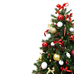 Fragment of a beautiful christmas tree with colorful decorations, cones, balls and ribbons, isolated on white