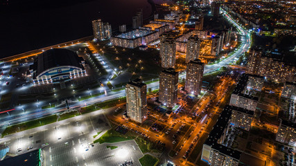 Khabarovsk, Russia - October 05, 2018 : night view from the drone near the scene of the town of Erofey in Khabarovsk.