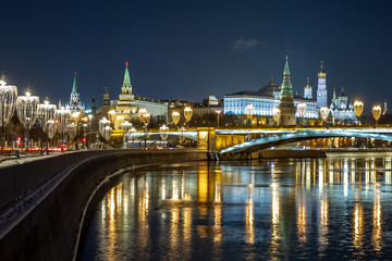  A view of the Kremlin and Moscow river at night. Russia