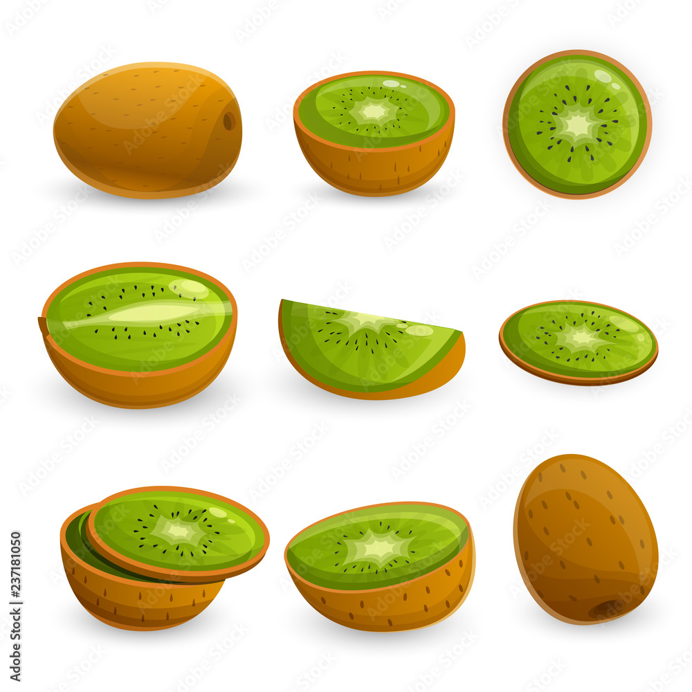 Poster kiwi icon set. cartoon set of kiwi vector icons for web design