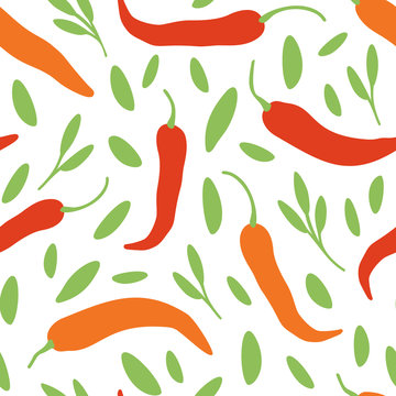 Vector chili, cayenne hot pepper, herbes background. Mexican exotic spicy seamless pattern. Hand drawing food illustration, wrap, fabric, textile